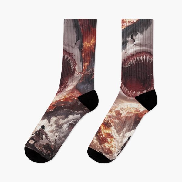 Item preview, Giant Animal Infernal Shark Devouring City While Lone Warrior Faces Fiery Chaos designed and sold by earlobejerk.