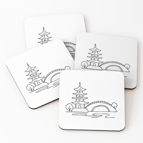 Item preview, Pagoda standing tall beside an arched bridge, overlooking a calm river designed and sold by rasagamastore.