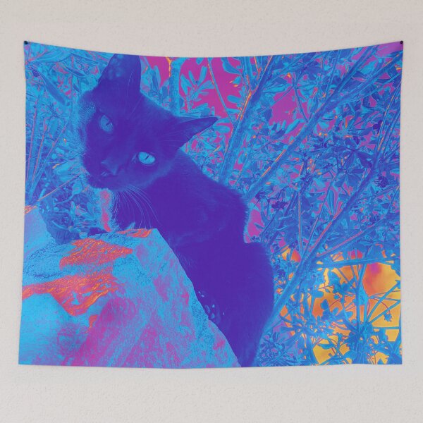 Item preview, Black cat watching from wall, surrealistic colors designed and sold by Dryft7.