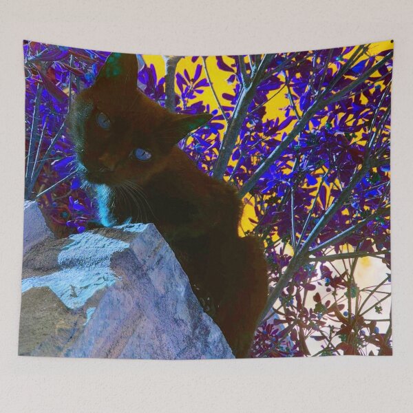 Item preview, Black cat watching from wall, surrealistic colors designed and sold by Dryft7.