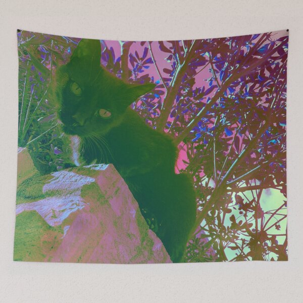 Item preview, Black cat watching from wall, surrealistic colors designed and sold by Dryft7.