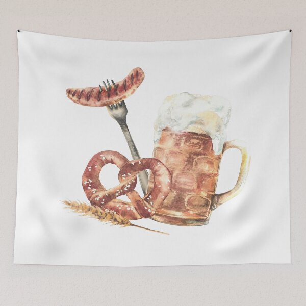 Item preview, Pint of Beer with pretzel, sausage on fork, pike of malt. Oktoberfest Germany clipart designed and sold by BartolArt.