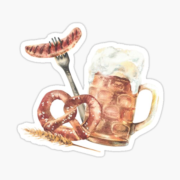Item preview, Pint of Beer with pretzel, sausage on fork, pike of malt. Oktoberfest Germany clipart designed and sold by BartolArt.