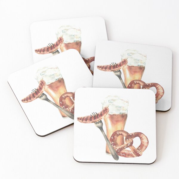 Item preview, Glass of Beer with pretzel and grilled sausage on a fork. Oktoberfest Germany Food and drink watercolor designed and sold by BartolArt.