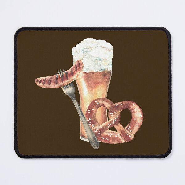 Item preview, Glass of Beer with pretzel and grilled sausage on a fork. Oktoberfest Germany Food and drink watercolor designed and sold by BartolArt.