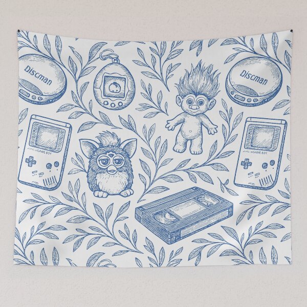 Artikelvorschau, Vintage Toile 90er Spielzeug Muster – Retro Millennial Nostalgie Kunst entworfen und verkauft von PricklyBearArt.