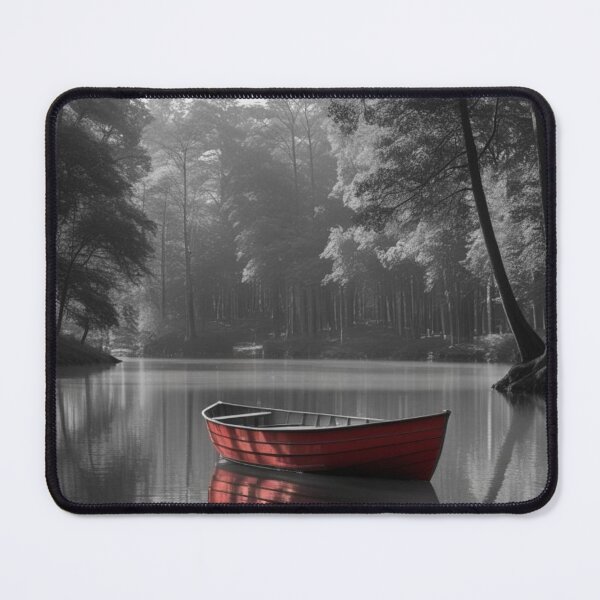 Item preview, Red Boat in Misty Forest Lake designed and sold by SmyrnaArtGalery.