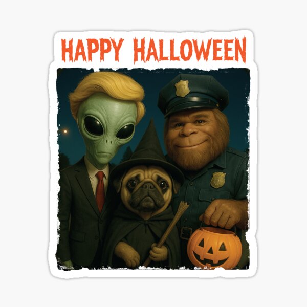 Item preview, Bigfoot Alien Pug Dog Funny Halloween Trick Treat Door designed and sold by d247.