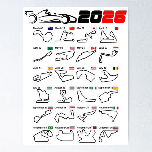 Aperçu de l'œuvre Calendrier Formule 1 voitures de course 2026 circuits blancs v2 créée et vendue par ideasfinder.