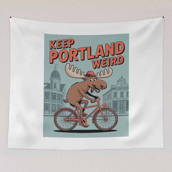 Item preview, ? Keep Portland Weird – Bicycle-riding moose in front of iconic buildings designed and sold by pod24.