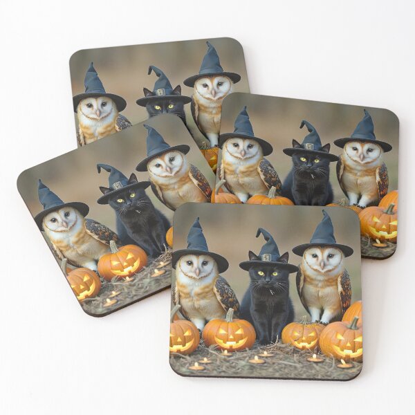 Item preview, Halloween Owls Black Cats Witch Hat with Jack O Lanterns Pumpkins and Tea Lights designed and sold by Stephanie Laird.
