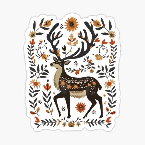Item preview,  Folk Art Deer in Floral Forest – Whimsical Woodland Animal Illustration designed and sold by doingly.