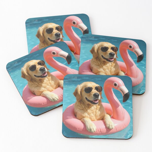 Item preview, Golden Retriever Floating In a Flamingo Inflatable Pool Toy designed and sold by Maria Dryfhout.