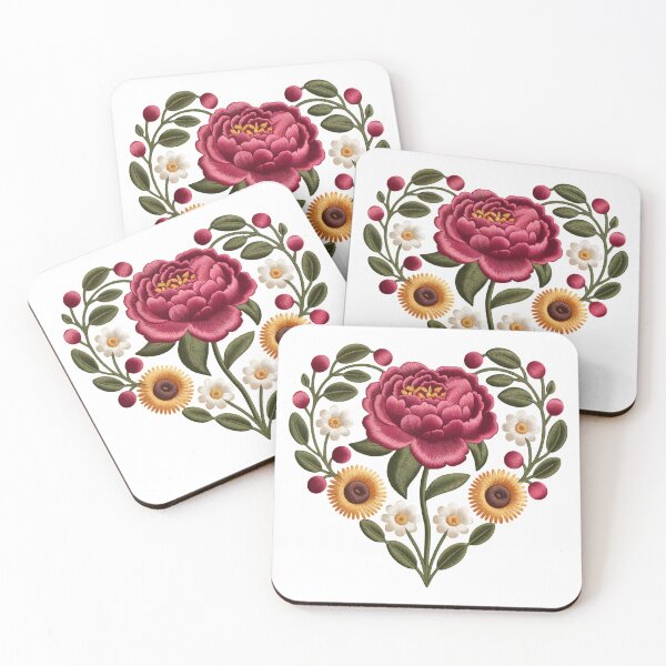 Item preview, Faux Embroidery Red Peony Sunflower Heart designed and sold by Bloomie Studio.