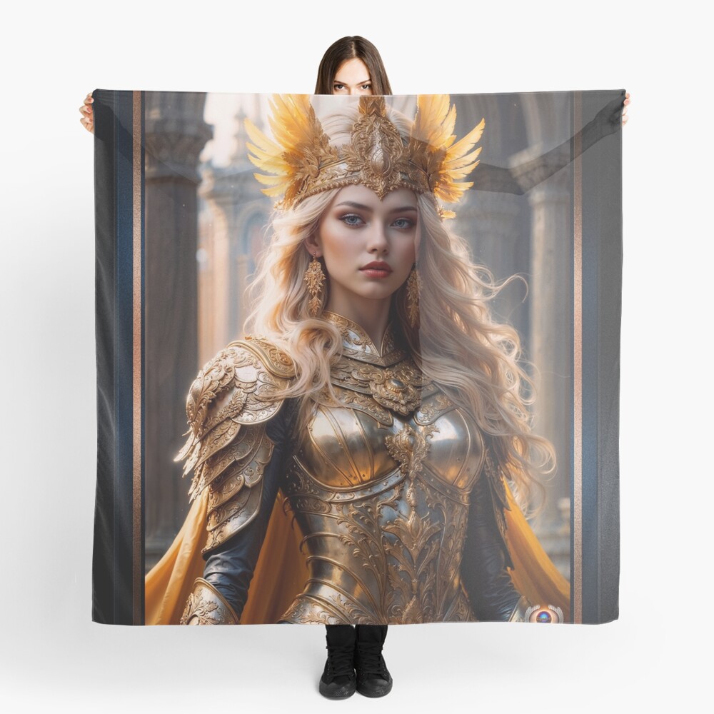 Regal Female Portrait Of Vesperia Zanricci In Golden Armor Stunning AI Concept Art by Xzendor7 Decorative Art Print Ladies Scarf