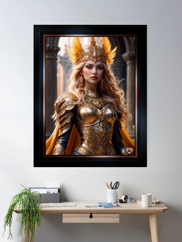 Regal Female Portrait Of Vesperia Zanricci In Golden Armor Stunning AI Concept Art by Xzendor7 Room Decor Poster Art Print