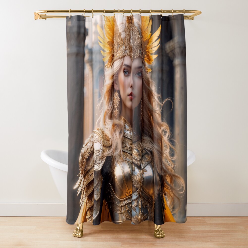Regal Female Portrait Of Vesperia Zanricci In Golden Armor Stunning AI Concept Art by Xzendor7 Decorative Art Print Shower Curtain