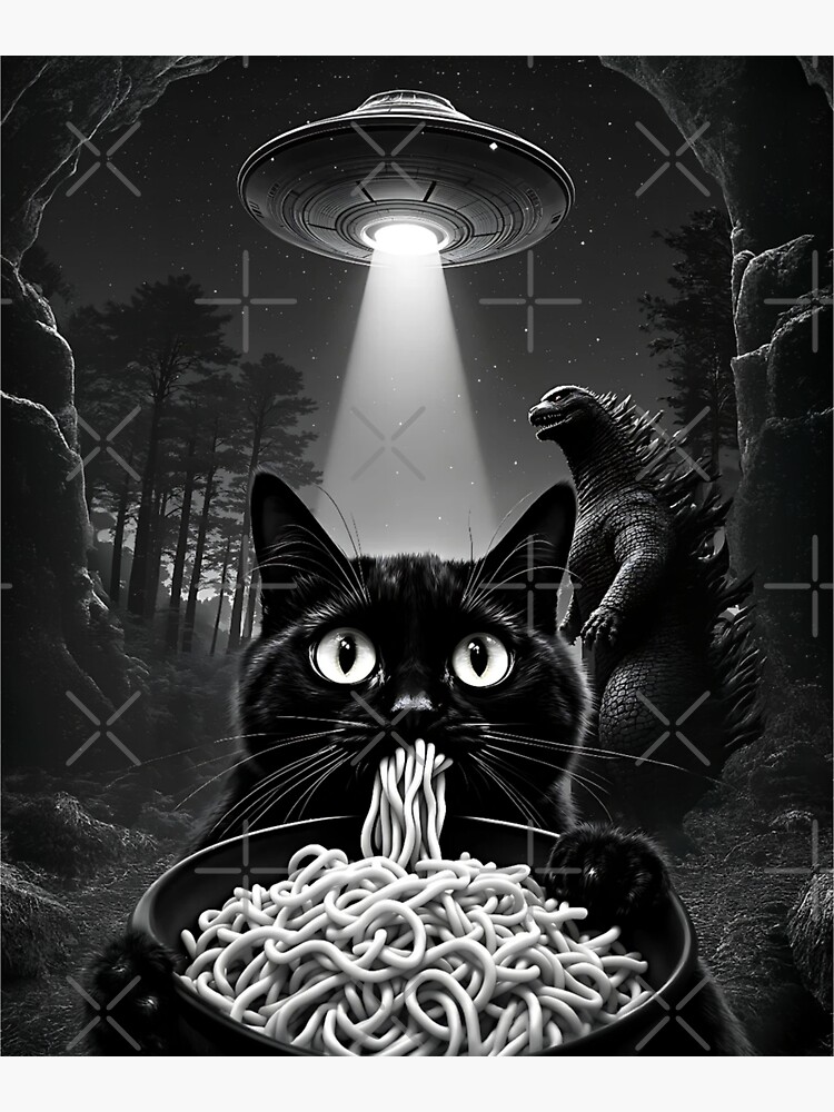Thumbnail 3 of 3, Sticker, UFO Selfie Scared Cat Eating Ramen designed and sold by EthosWear.