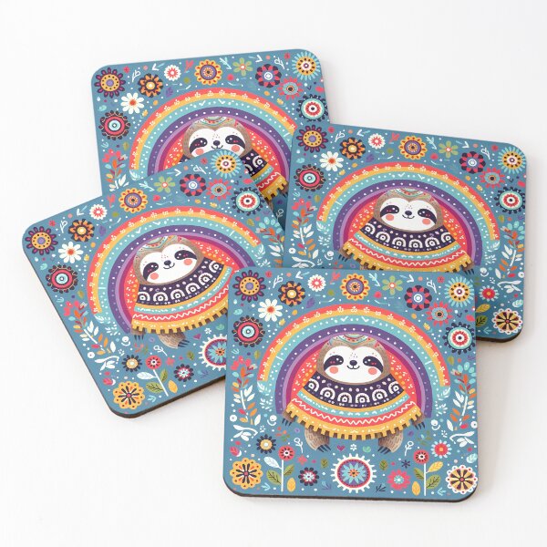 Item preview, Scandinavian Folk Art Cute Cosy Rainbow Sloth with Poncho - by heidiannemorris © designed and sold by FOLK ART FUSION by heidiannemorris.