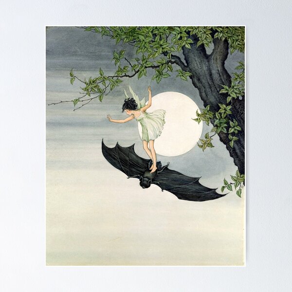 Vista previa del artículo con la obra «La pequeña hada montando un murciélago #2 - Ida Rentoul Outhwaite», diseñado y vendido por forgottenbeauty.