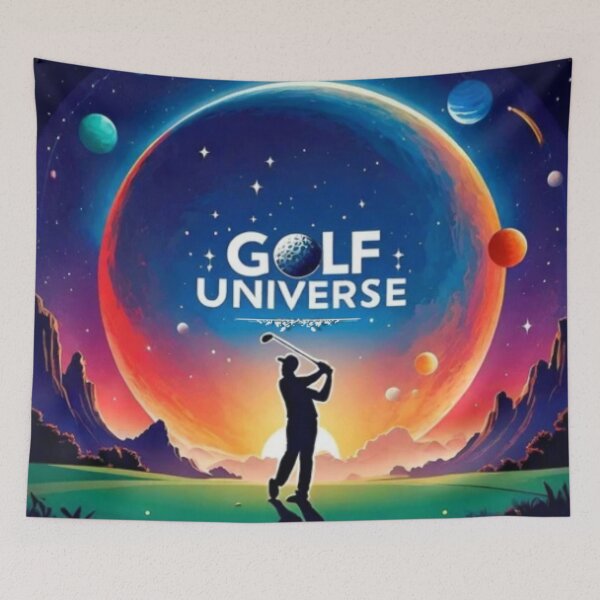 Item preview, Imagine of a silhouette of a golfer in the space between the planets playing golf with a big phrase "GOLF UNIVERSE!" in centre Inside a circle. designed and sold by Giulivo Store Graphic.