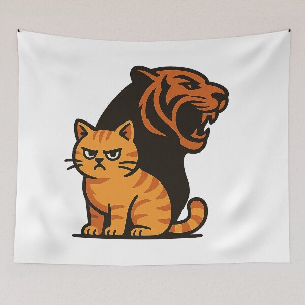 Item preview,  an angry orange tabby cat sitting in the foreground with a fierce tiger silhouette as its shadow designed and sold by Ideo Design.