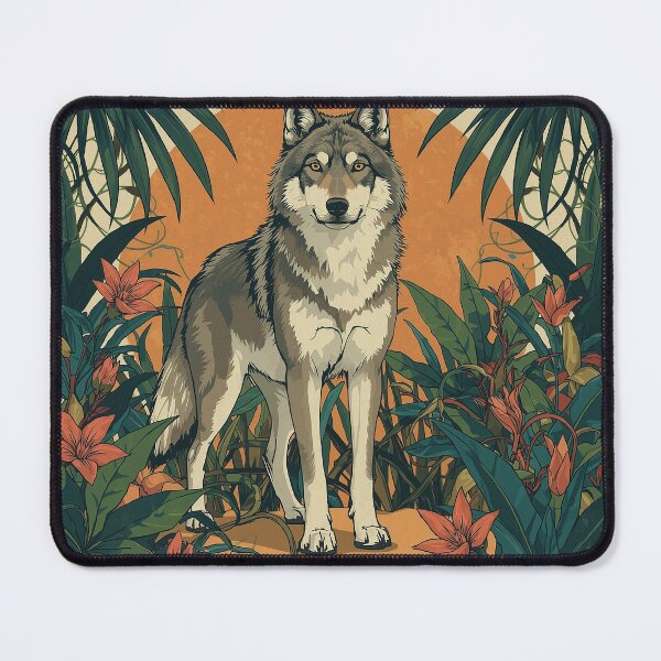 Item preview, Wolf in Tropical Jungle – Hand-Drawn Animal Illustration with Lush Foliage and Exotic Flowers designed and sold by nabashop.