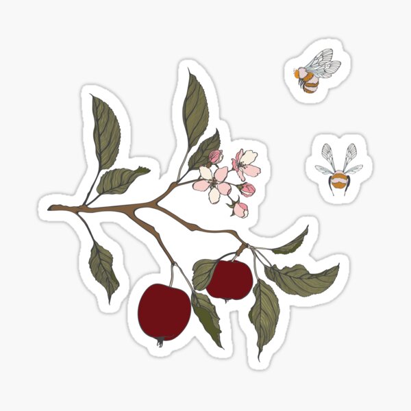Item preview, Line simple colored apple branch. Blooming branch of sakura apple tree with bee. designed and sold by MatyKotiv.