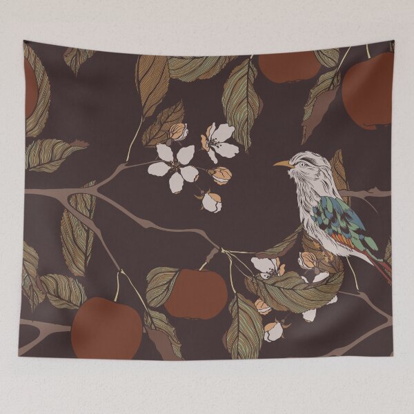 Item preview, Line apple branch with bird on it. Blooming branch of sakura apple tree seamless pattern. designed and sold by MatyKotiv.