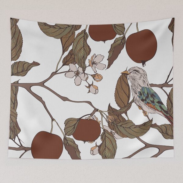 Item preview, Line apple branch with bird on it. Blooming branch of sakura apple tree seamless pattern. designed and sold by MatyKotiv.