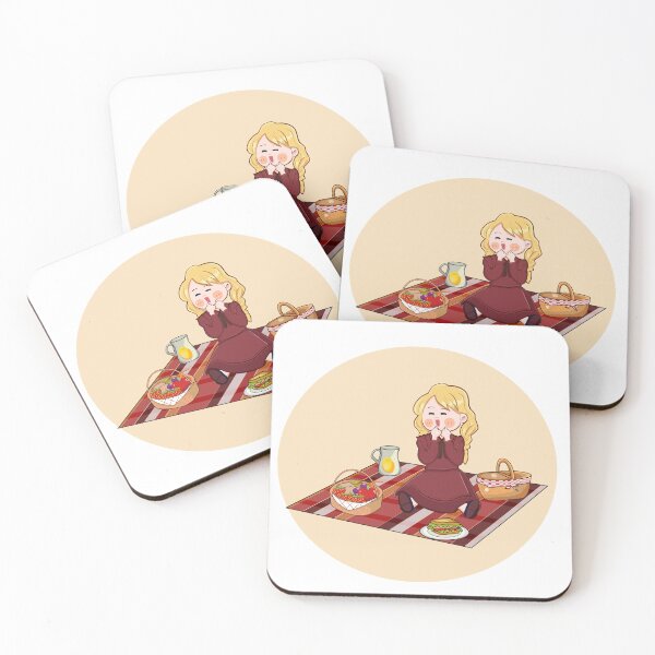 Item preview, Cute and kawaii Girl eating at picnic with red dress and cheerful smile. sandwich, fruits and juice is well prepared. Manga Chibi Illustration designed and sold by Amelune Sketchbook.