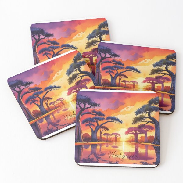 Item preview, Sunset in Madagascar with Baobabs – Exotic watercolor scene designed and sold by StormArte.