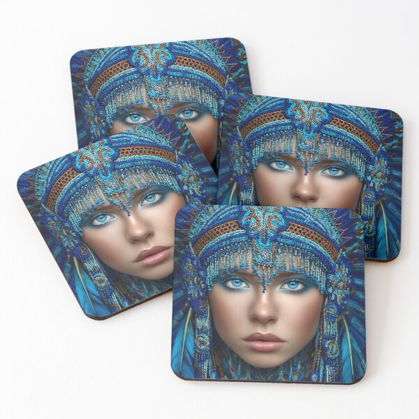 Item preview, Vibrant Blue Feathered Headdress Artistic Portrait designed and sold by Artessie.