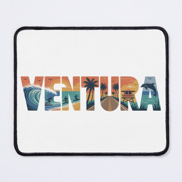 Item preview, Ventura California Retro Beach Lettering – Coastal Sunset Art with Surfers, Waves & Palm Trees designed and sold by CircinusStore.