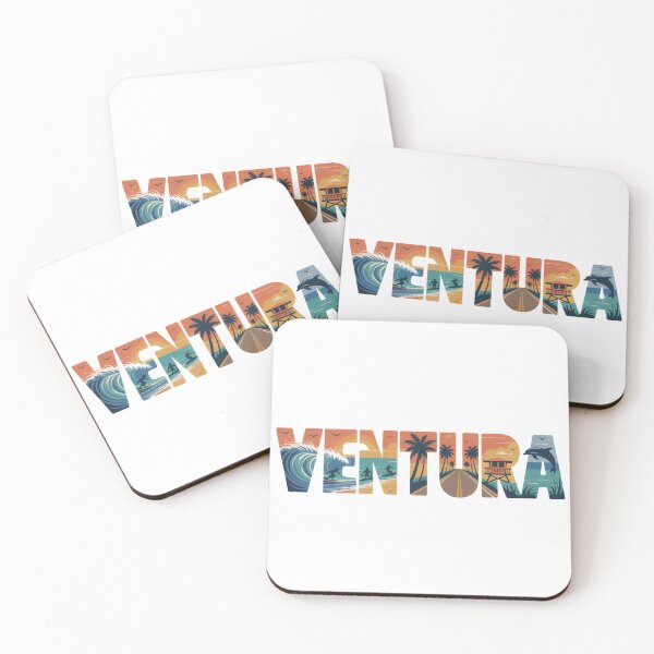 Item preview, Ventura California Retro Beach Lettering – Coastal Sunset Art with Surfers, Waves & Palm Trees designed and sold by CircinusStore.