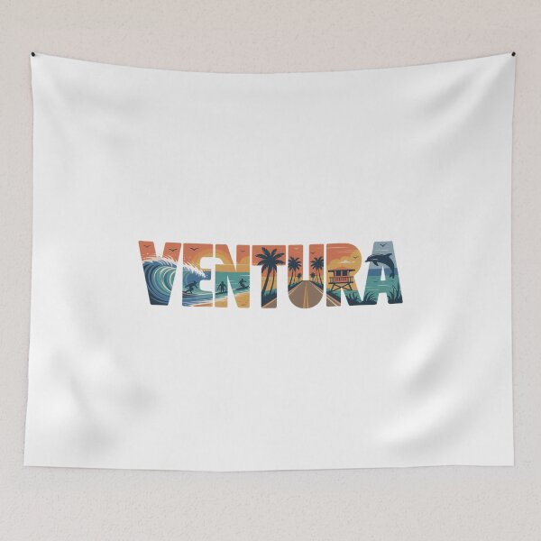 Item preview, Ventura California Retro Beach Lettering – Coastal Sunset Art with Surfers, Waves & Palm Trees designed and sold by CircinusStore.