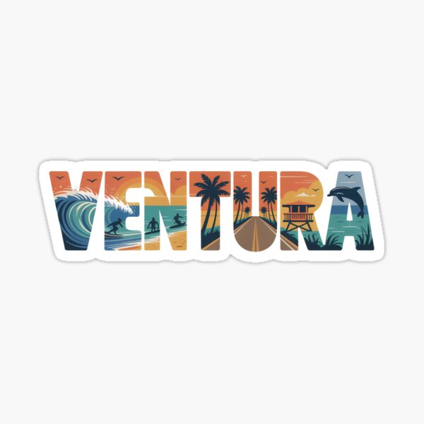 Item preview, Ventura California Retro Beach Lettering – Coastal Sunset Art with Surfers, Waves & Palm Trees designed and sold by CircinusStore.
