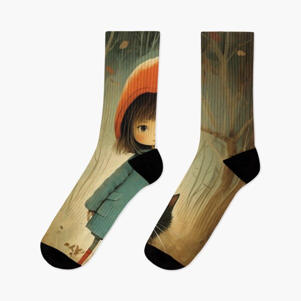 Item preview, Autumn Girl and Black Cat in Enchanted Forest designed and sold by PaintbrushPlace.
