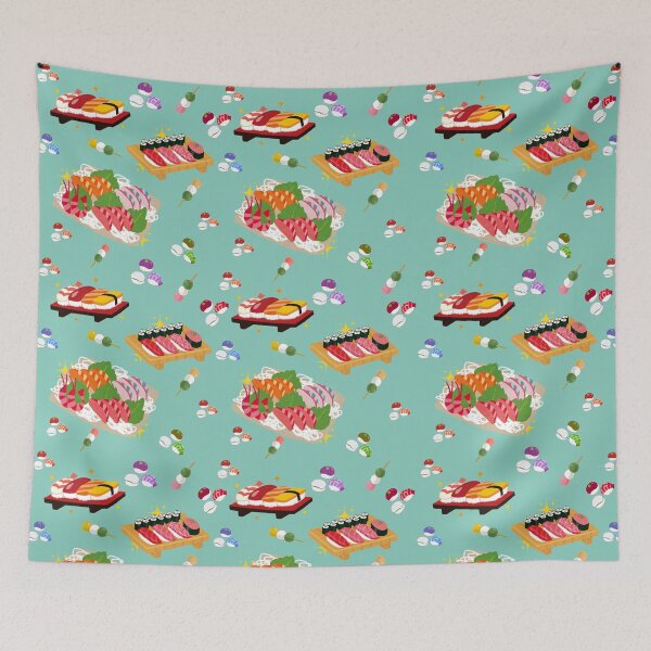 Item preview, Kawaii Japanese Food Pattern – Sushi, Sashimi, Mochi & Dango on green pastel Background" designed and sold by RMpc.