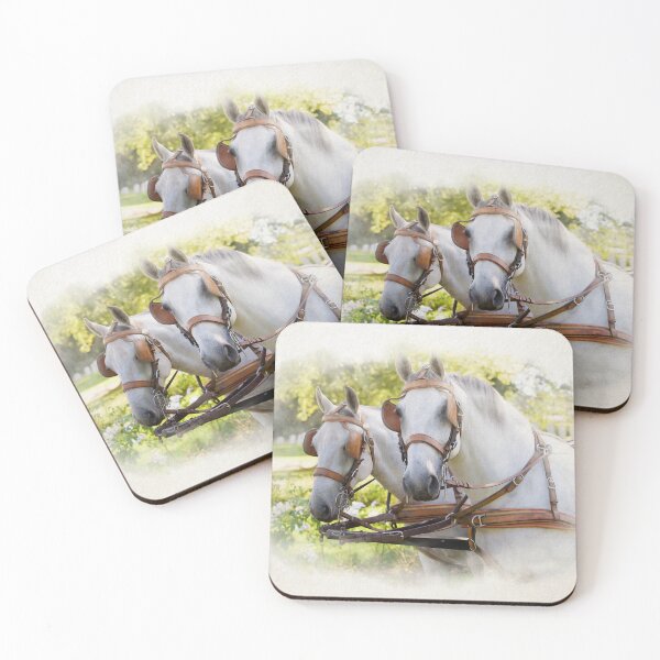 Item preview, two white horses at a carriage in watercolor designed and sold by FotoMahieu.