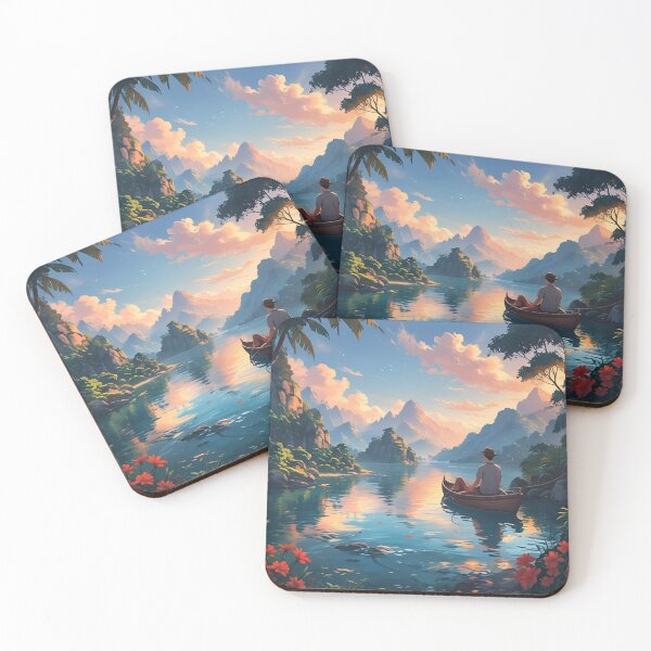 Item preview, Serene Lake Adventure – Man in Boat with Majestic Mountain Landscape at Sunset designed and sold by ilkami.