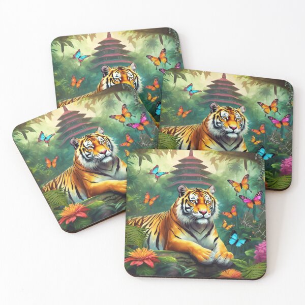 Item preview, Tiger and butterfly, plants, flowers, nature, pagoda, China. designed and sold by Sugar Wisdom .