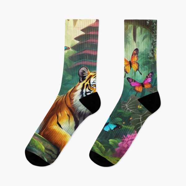 Item preview, Tiger and butterfly, plants, flowers, nature, pagoda, China. designed and sold by Sugar Wisdom .