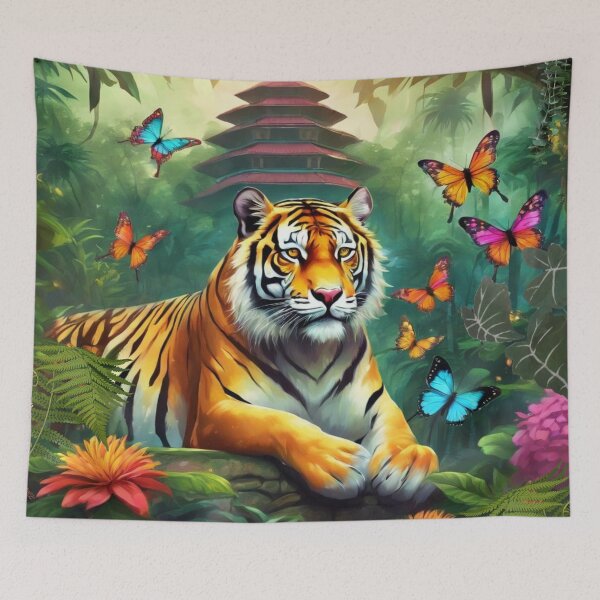 Item preview, Tiger and butterfly, plants, flowers, nature, pagoda, China. designed and sold by Sugar Wisdom .