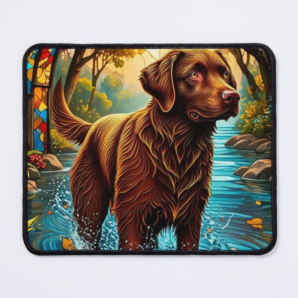Item preview, Celestial Splash: The Stained Glass Retriever in a Dreamlike Pond designed and sold by highvibz72.