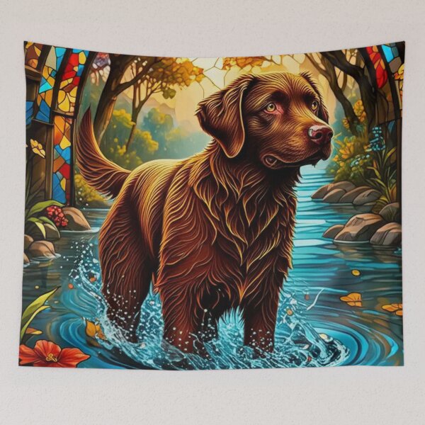 Item preview, Celestial Splash: The Stained Glass Retriever in a Dreamlike Pond designed and sold by highvibz72.