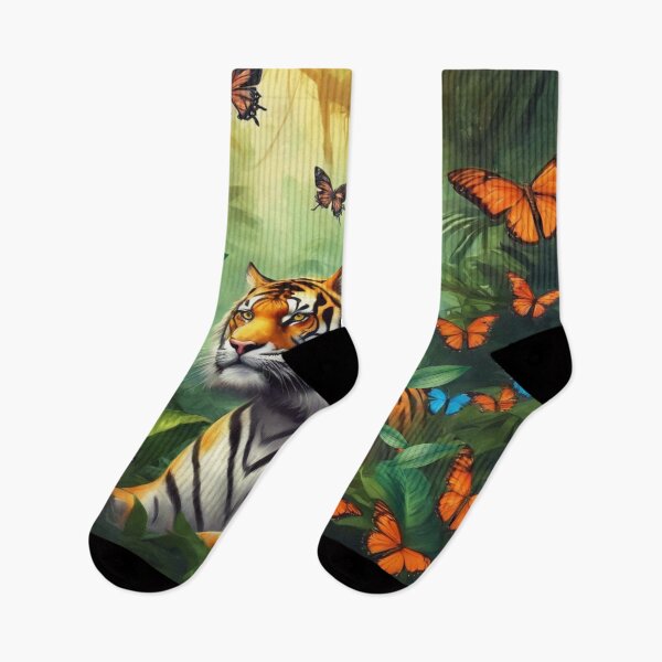 Item preview, Tiger and butterfly, plants, flowers, nature, pagoda, China. designed and sold by Sugar Wisdom .
