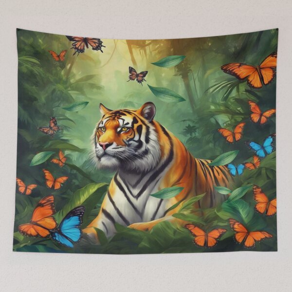 Item preview, Tiger and butterfly, plants, flowers, nature, pagoda, China. designed and sold by Sugar Wisdom .