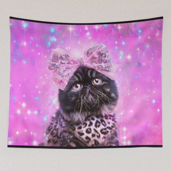 Item preview, Black Persian Cat Leopard Print Sparkly Bow Pink Starry Aesthetic designed and sold by Starcrimedesign.