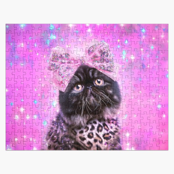 Item preview, Black Persian Cat Leopard Print Sparkly Bow Pink Starry Aesthetic designed and sold by Starcrimedesign.